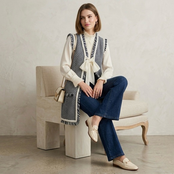 Tweed Longline Silk Ribbon Tie Vest – Navy Blue & White Textured Knit – Size 4 - Picture 2 of 9